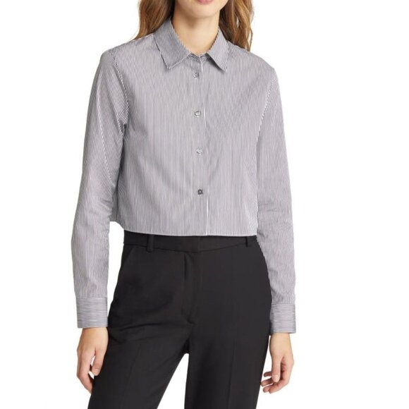 THEORY Crop Classic Cotton Button Down Shirt in Black + White Stripe Size Large - Picture 1 of 3
